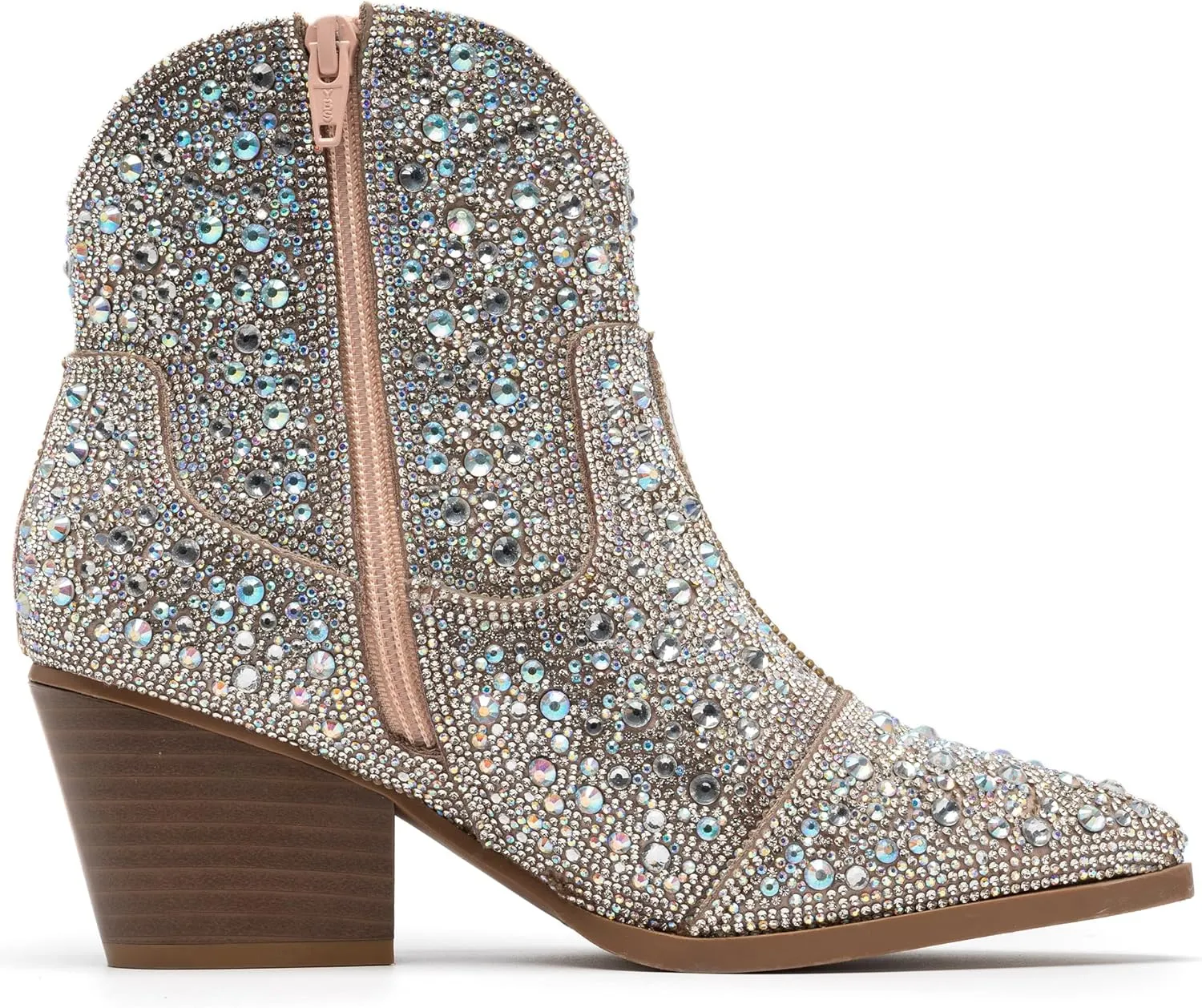 YAYONE Rhinestone Zipper Sparkly Ankle Boots - Glitter Pointed Toe Fashion Comfortable Shoes, Pull on Chunky Heel Western Boots