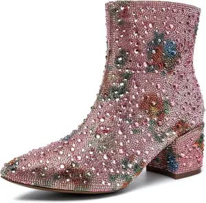 YAYONE Rhinestone Zipper Sparkly Ankle Boots - Glitter Pointed Toe Fashion Comfortable Shoes, Pull on Chunky Heel Western Boots