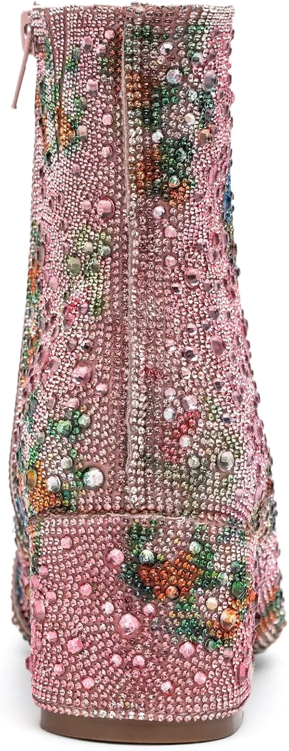 YAYONE Rhinestone Zipper Sparkly Ankle Boots - Glitter Pointed Toe Fashion Comfortable Shoes, Pull on Chunky Heel Western Boots