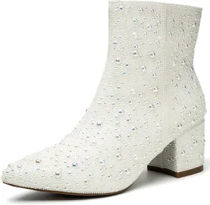 YAYONE Rhinestone Zipper Sparkly Ankle Boots - Glitter Pointed Toe Fashion Comfortable Shoes, Pull on Chunky Heel Western Boots