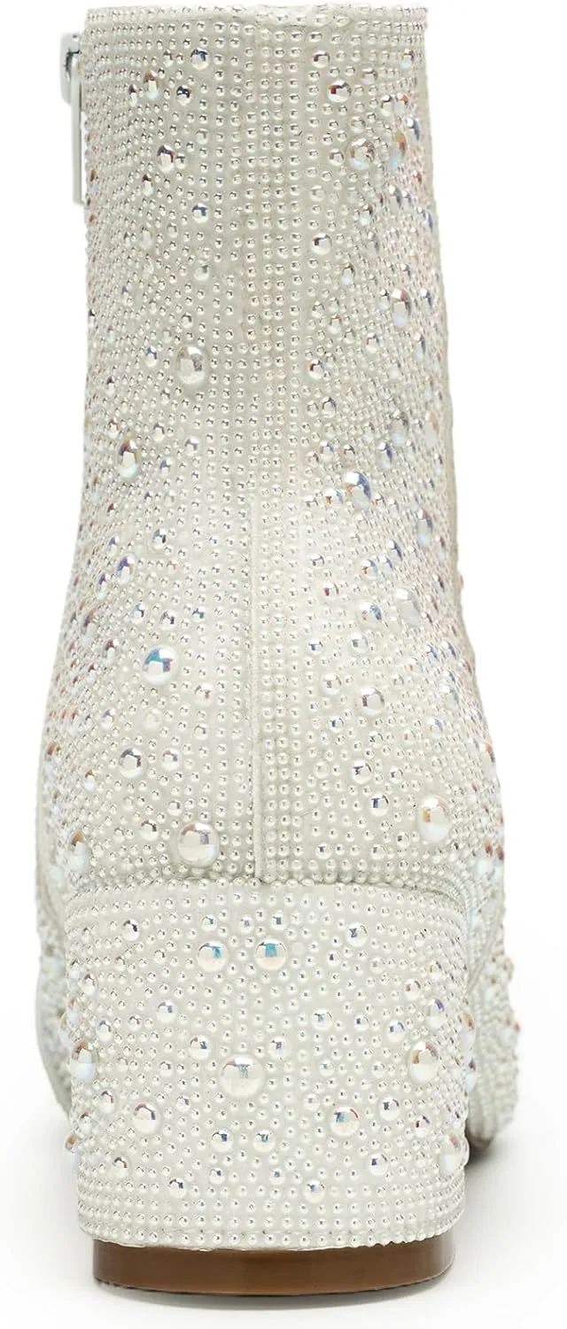 YAYONE Rhinestone Zipper Sparkly Ankle Boots - Glitter Pointed Toe Fashion Comfortable Shoes, Pull on Chunky Heel Western Boots