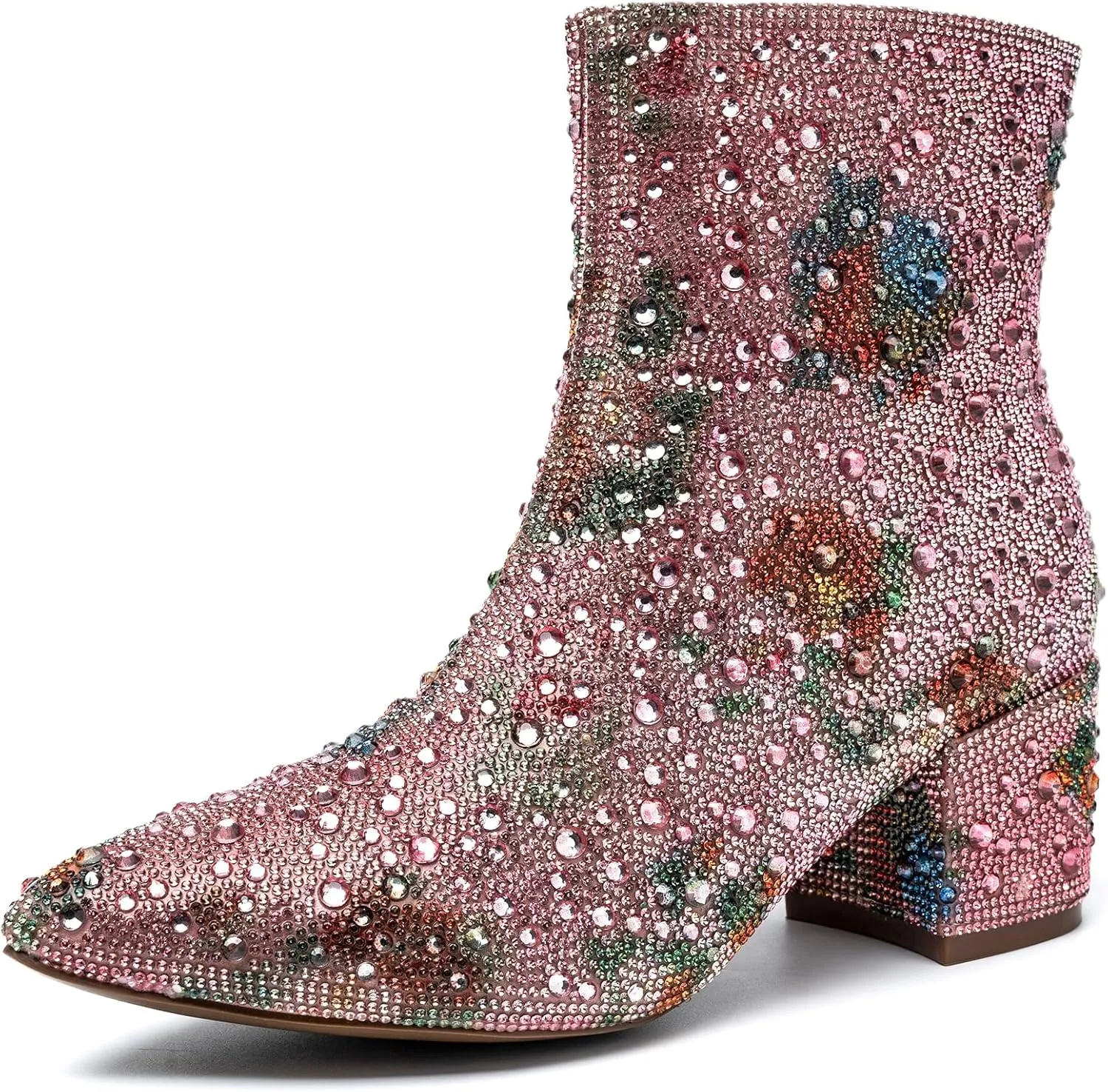 YAYONE Rhinestone Zipper Sparkly Ankle Boots - Glitter Pointed Toe Fashion Comfortable Shoes, Pull on Chunky Heel Western Boots