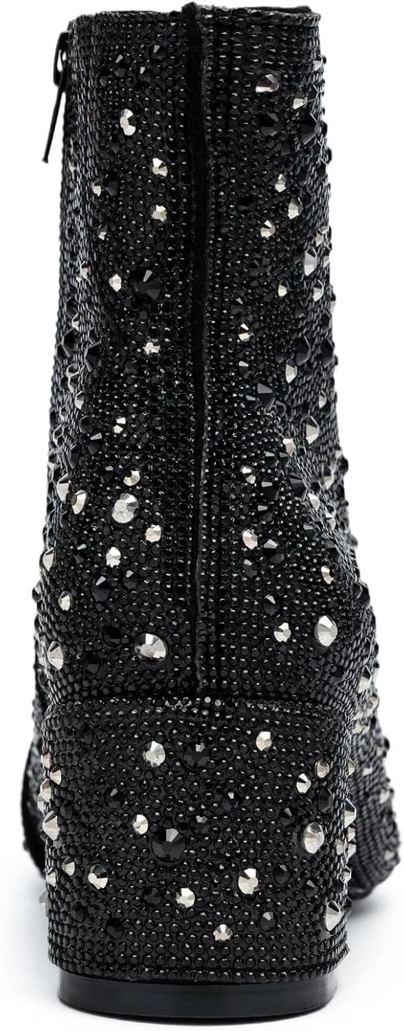 YAYONE Rhinestone Zipper Sparkly Ankle Boots - Glitter Pointed Toe Fashion Comfortable Shoes, Pull on Chunky Heel Western Boots