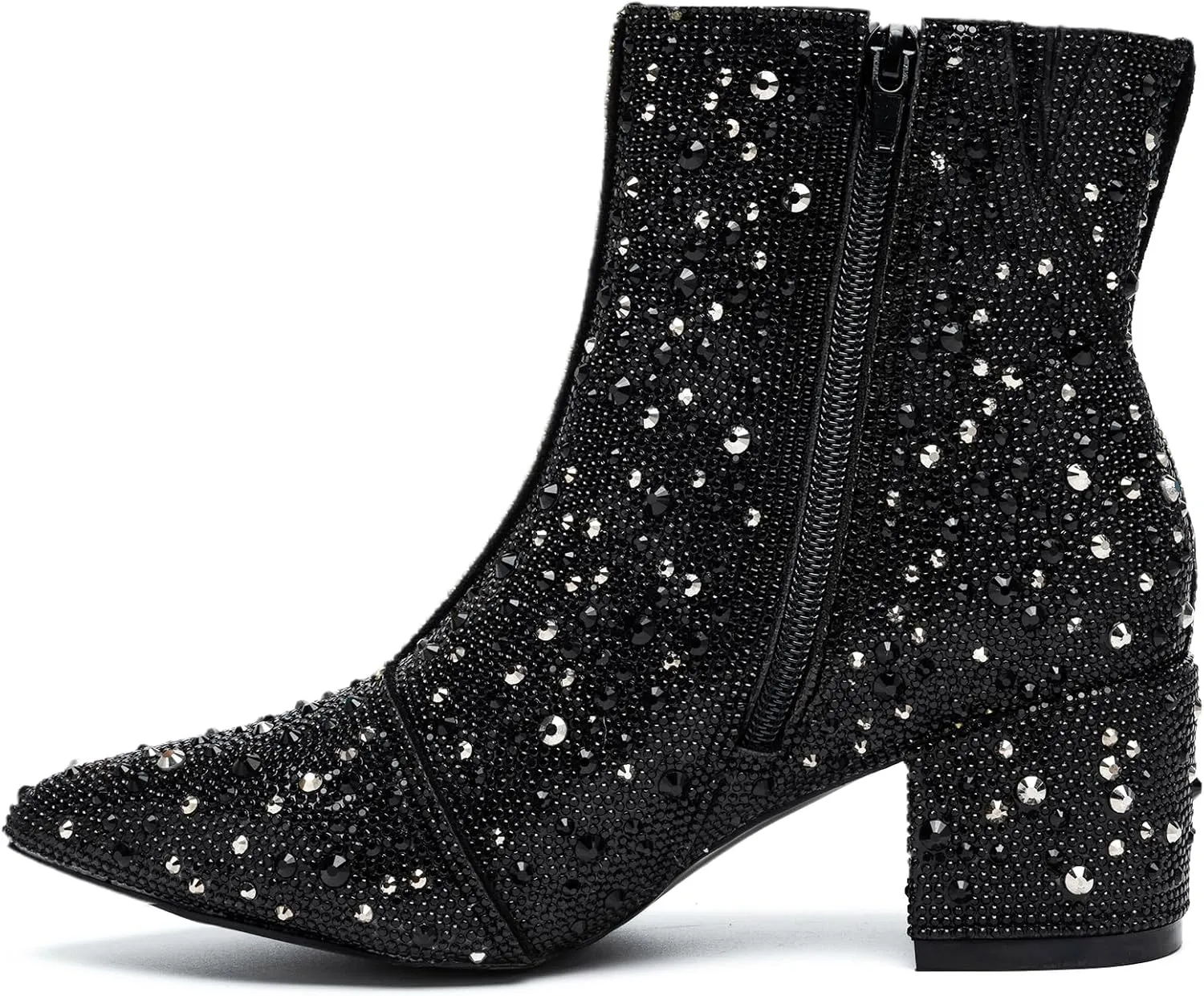 YAYONE Rhinestone Zipper Sparkly Ankle Boots - Glitter Pointed Toe Fashion Comfortable Shoes, Pull on Chunky Heel Western Boots