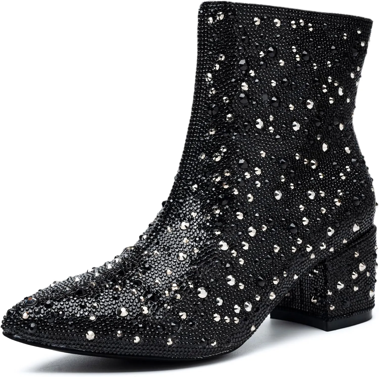 YAYONE Rhinestone Zipper Sparkly Ankle Boots - Glitter Pointed Toe Fashion Comfortable Shoes, Pull on Chunky Heel Western Boots