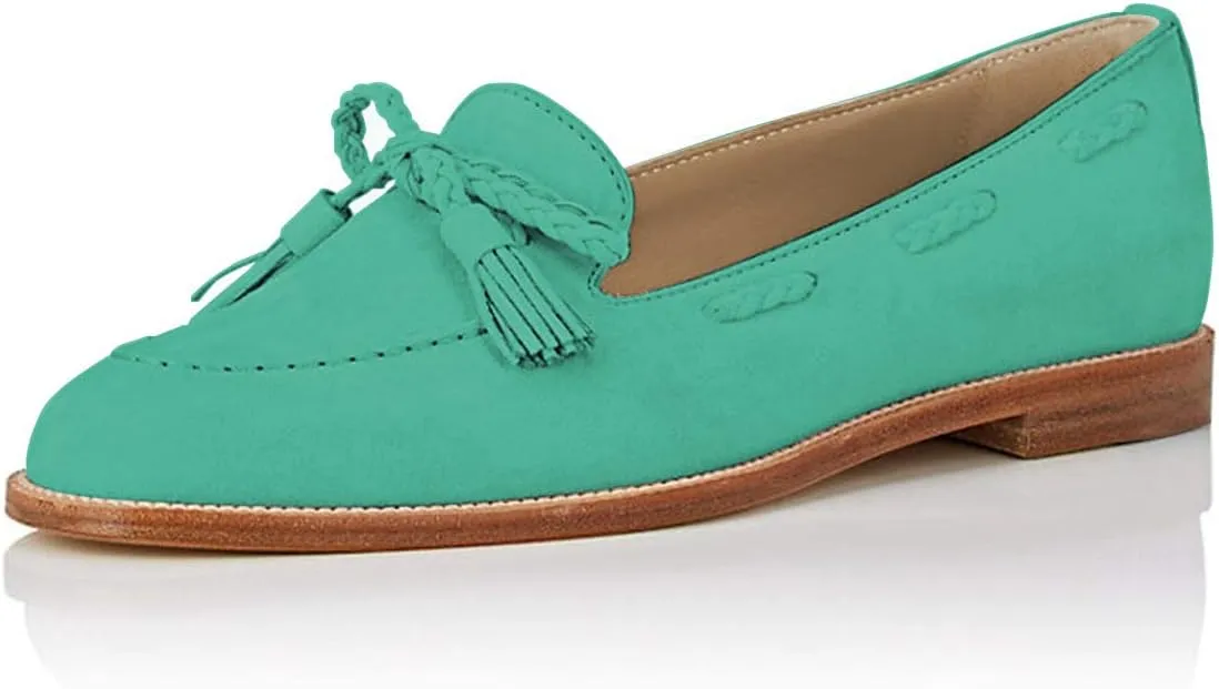 YDN Women Casual Round Toe Low Heels Loafers Fringes Flat Slip on Pumps Braid Shoe