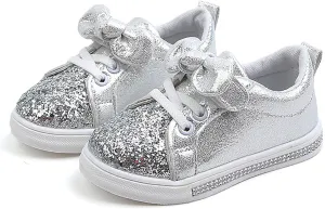 YIBLBOX Toddler Girls Glitter Sneakers Sparkle Fashion School Walking Shoes Cute Bow Lazy Tennis Shoes Loafers for Little Kids Comfort Casual
