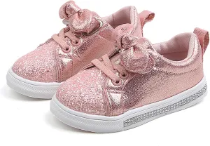 YIBLBOX Toddler Girls Glitter Sneakers Sparkle Fashion School Walking Shoes Cute Bow Lazy Tennis Shoes Loafers for Little Kids Comfort Casual