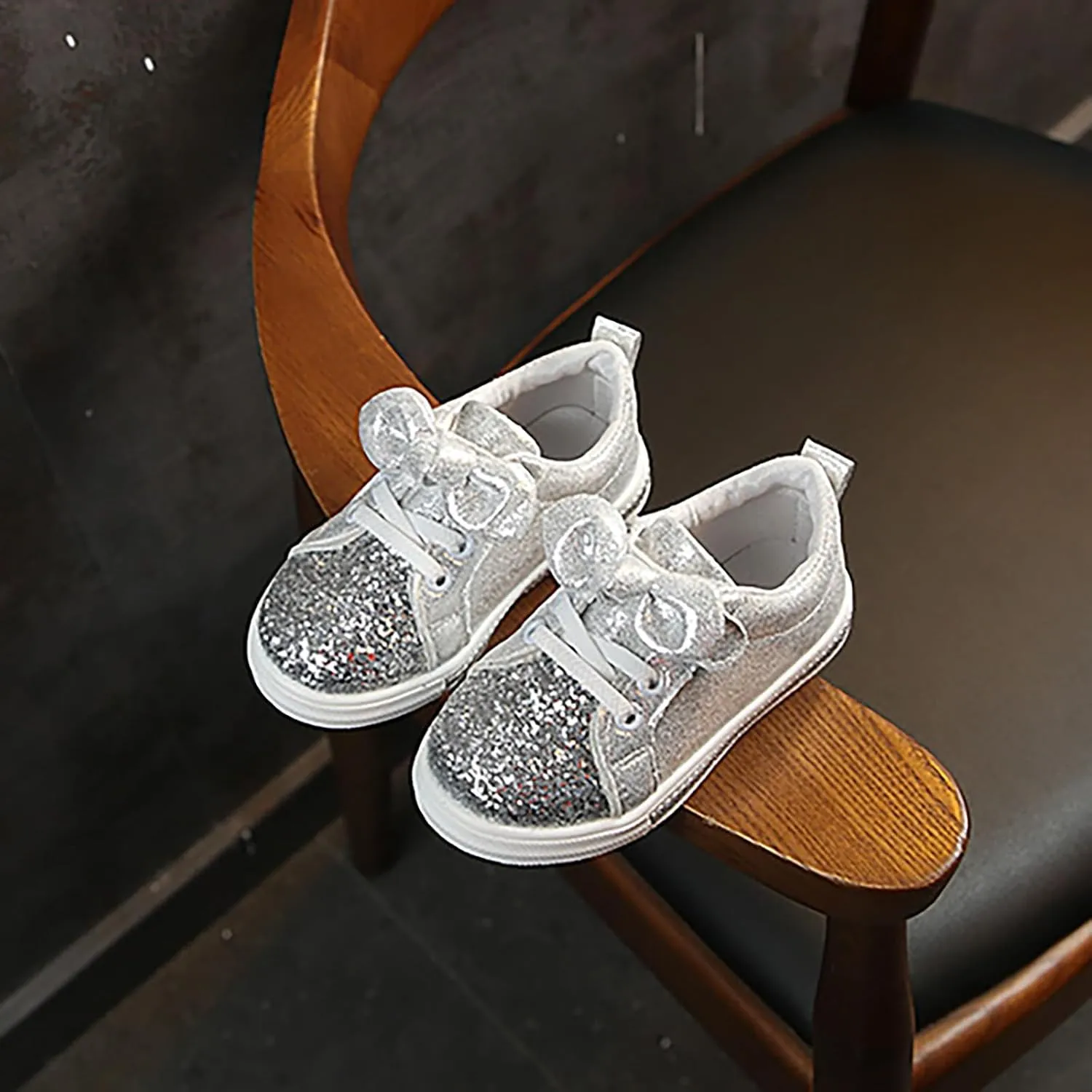 YIBLBOX Toddler Girls Glitter Sneakers Sparkle Fashion School Walking Shoes Cute Bow Lazy Tennis Shoes Loafers for Little Kids Comfort Casual