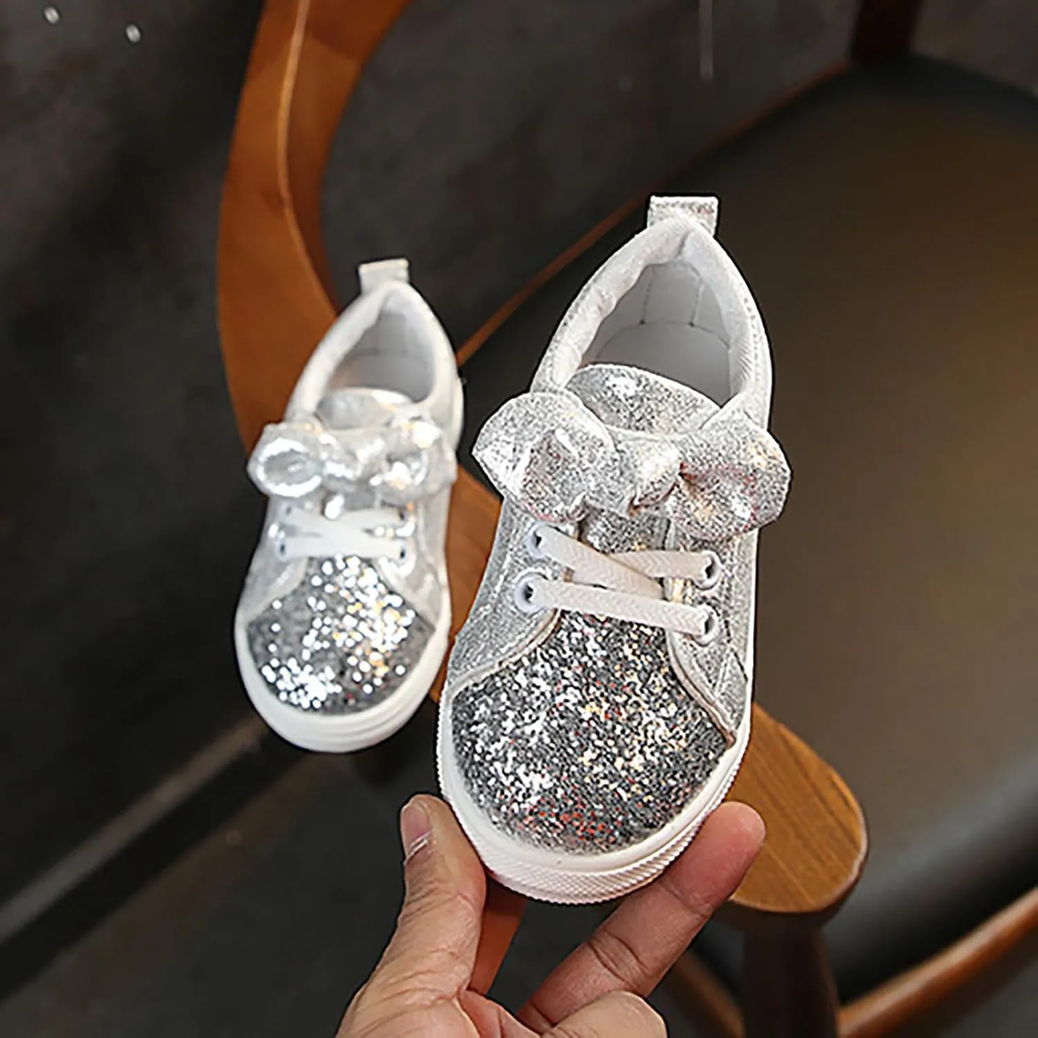 YIBLBOX Toddler Girls Glitter Sneakers Sparkle Fashion School Walking Shoes Cute Bow Lazy Tennis Shoes Loafers for Little Kids Comfort Casual