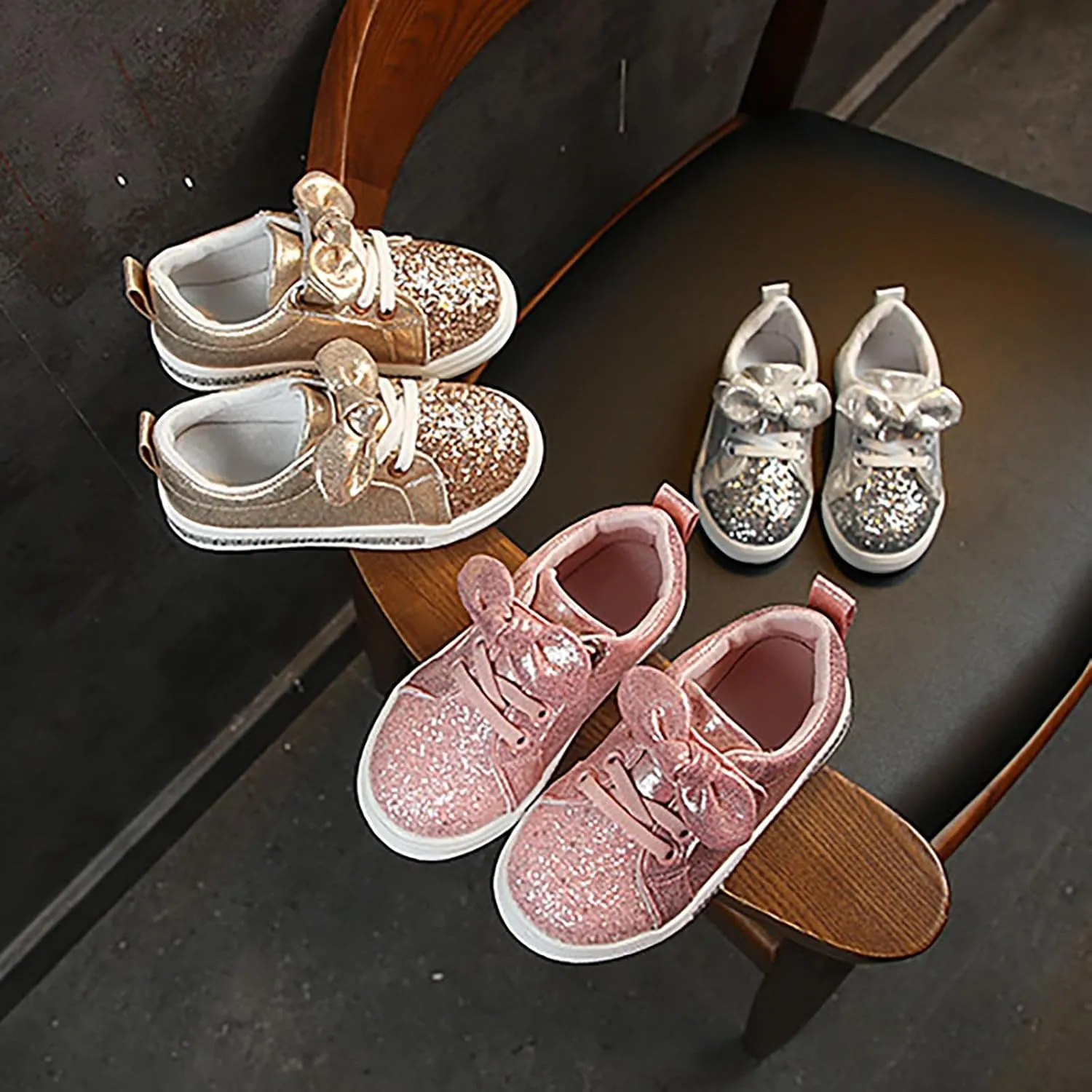 YIBLBOX Toddler Girls Glitter Sneakers Sparkle Fashion School Walking Shoes Cute Bow Lazy Tennis Shoes Loafers for Little Kids Comfort Casual