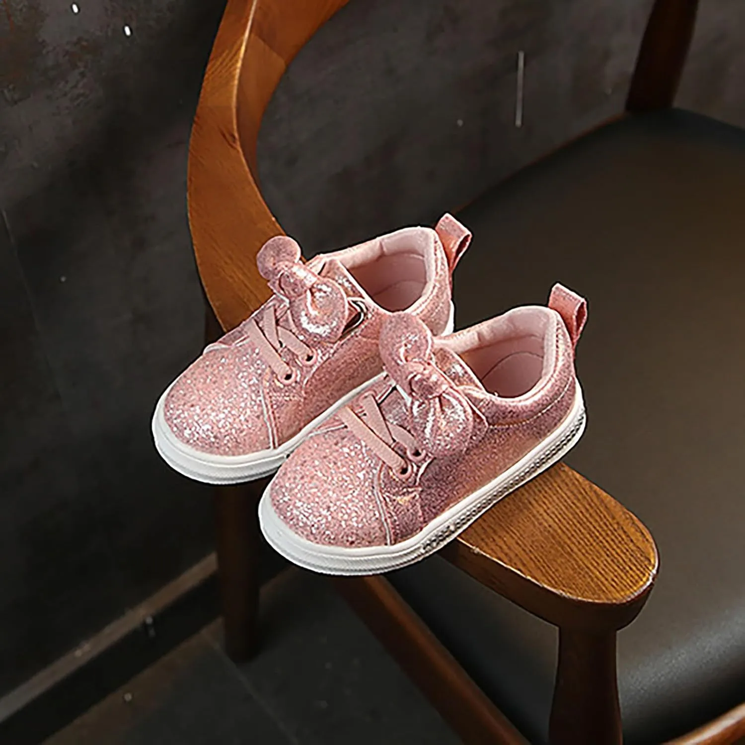 YIBLBOX Toddler Girls Glitter Sneakers Sparkle Fashion School Walking Shoes Cute Bow Lazy Tennis Shoes Loafers for Little Kids Comfort Casual