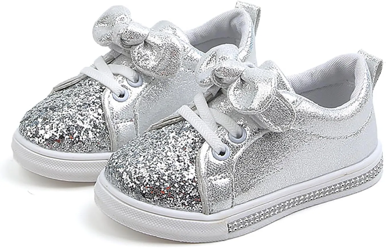 YIBLBOX Toddler Girls Glitter Sneakers Sparkle Fashion School Walking Shoes Cute Bow Lazy Tennis Shoes Loafers for Little Kids Comfort Casual