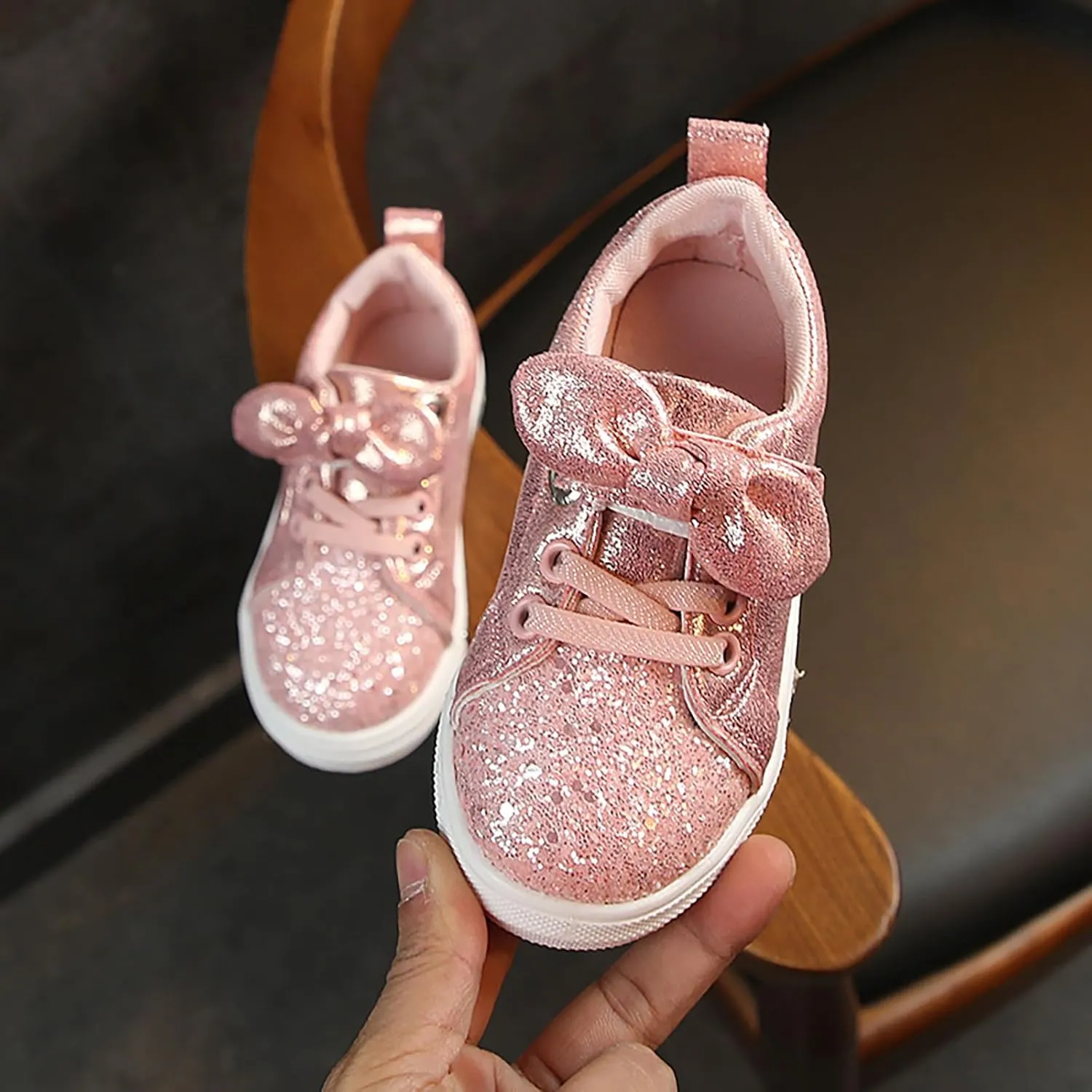 YIBLBOX Toddler Girls Glitter Sneakers Sparkle Fashion School Walking Shoes Cute Bow Lazy Tennis Shoes Loafers for Little Kids Comfort Casual