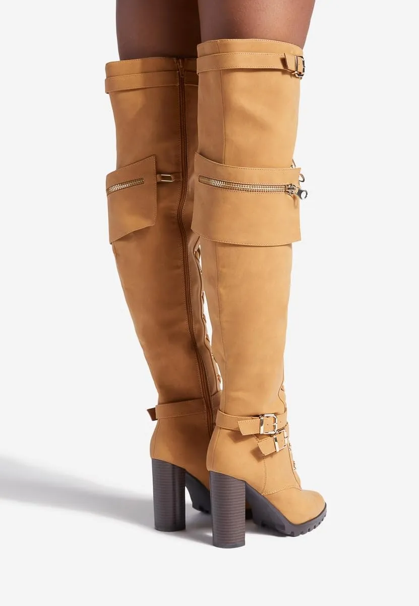 Yishaweiqi Buckle Strap Wide Calf Thigh High Boots for Women Chunky Block High Heel Over The Knee Boots Lace up Riding Combat Boots Ladies Side Zipper Tall Long Boots