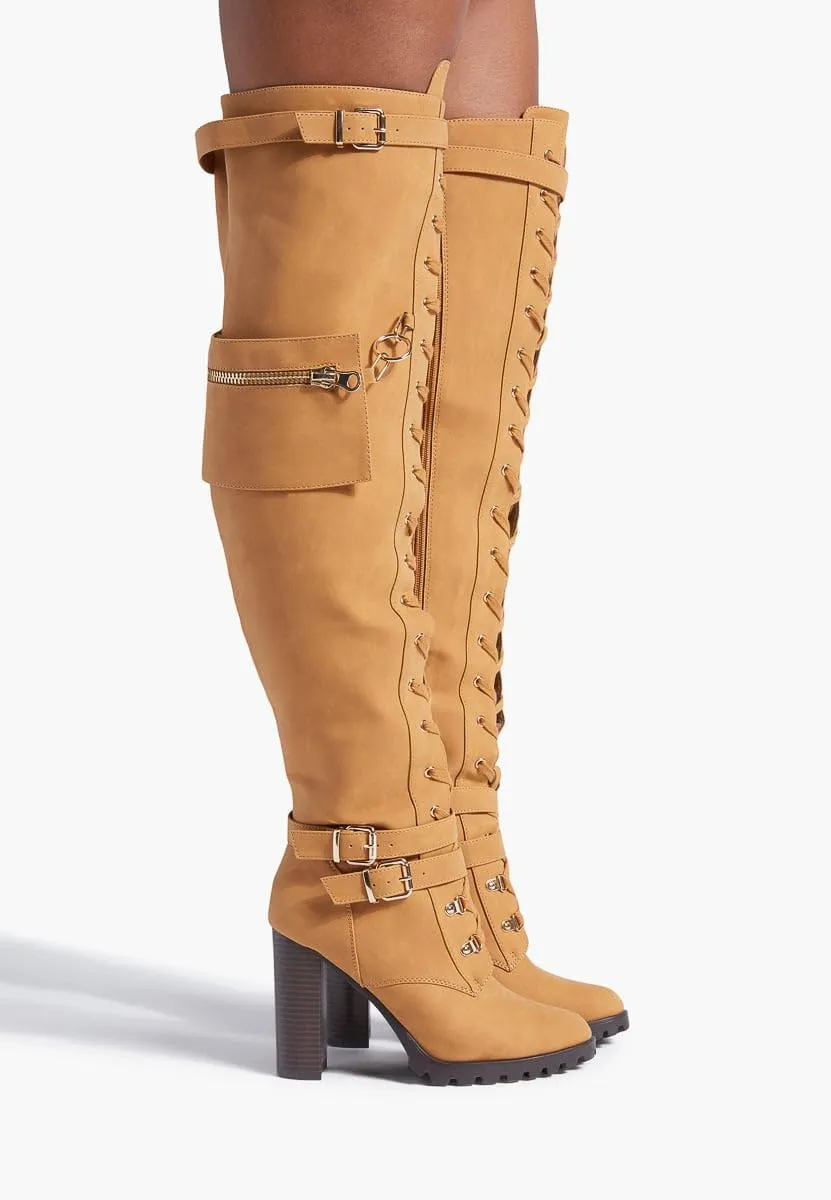 Yishaweiqi Buckle Strap Wide Calf Thigh High Boots for Women Chunky Block High Heel Over The Knee Boots Lace up Riding Combat Boots Ladies Side Zipper Tall Long Boots