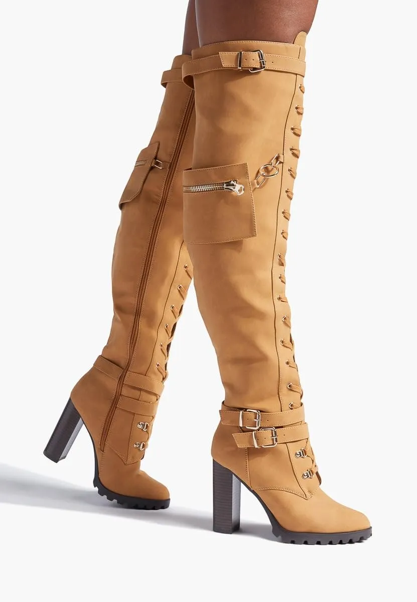 Yishaweiqi Buckle Strap Wide Calf Thigh High Boots for Women Chunky Block High Heel Over The Knee Boots Lace up Riding Combat Boots Ladies Side Zipper Tall Long Boots