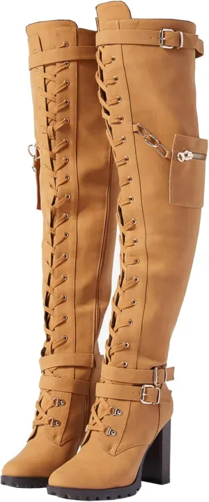 Yishaweiqi Buckle Strap Wide Calf Thigh High Boots for Women Chunky Block High Heel Over The Knee Boots Lace up Riding Combat Boots Ladies Side Zipper Tall Long Boots