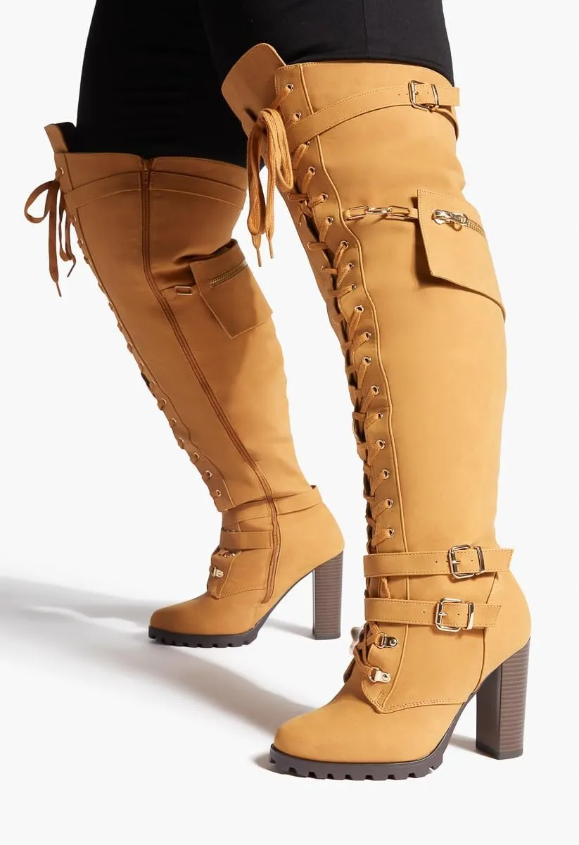 Yishaweiqi Buckle Strap Wide Calf Thigh High Boots for Women Chunky Block High Heel Over The Knee Boots Lace up Riding Combat Boots Ladies Side Zipper Tall Long Boots