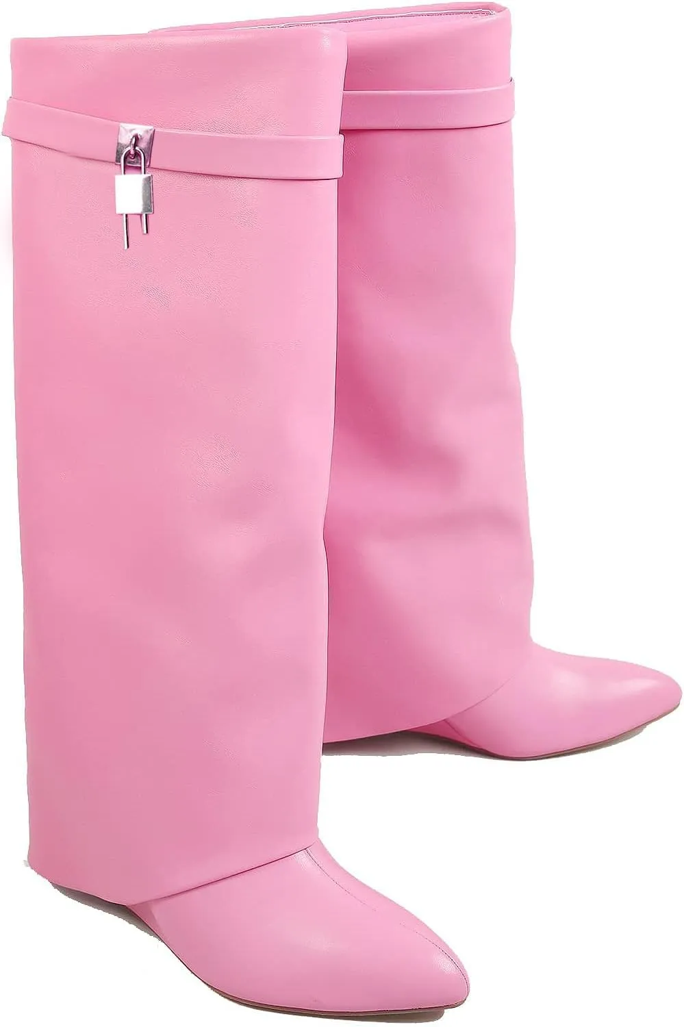 Yishaweiqi Fold Over Boots Wide-calf Wedge Heel Knee High Boot With Decorative Lock