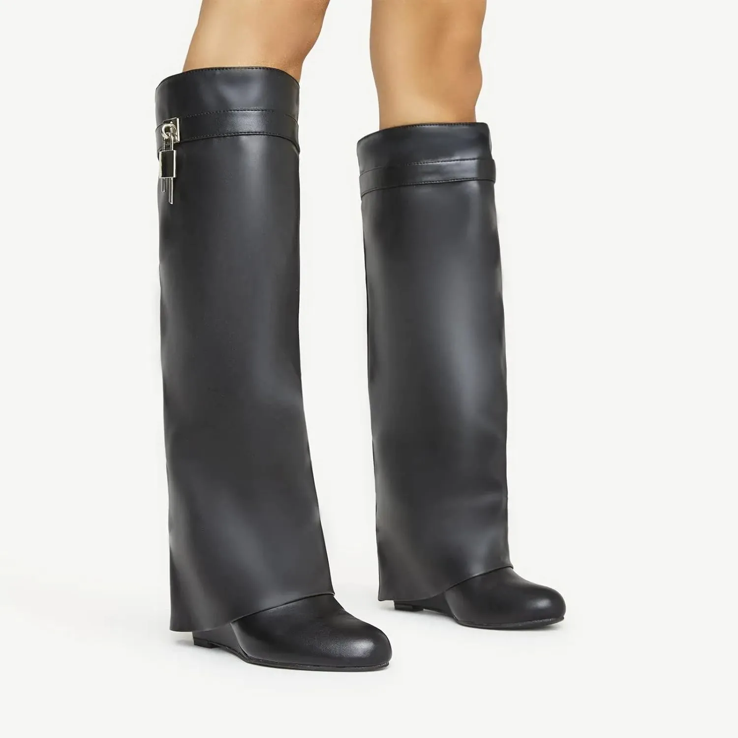 Yishaweiqi Fold Over Boots Wide-calf Wedge Heel Knee High Boot With Decorative Lock