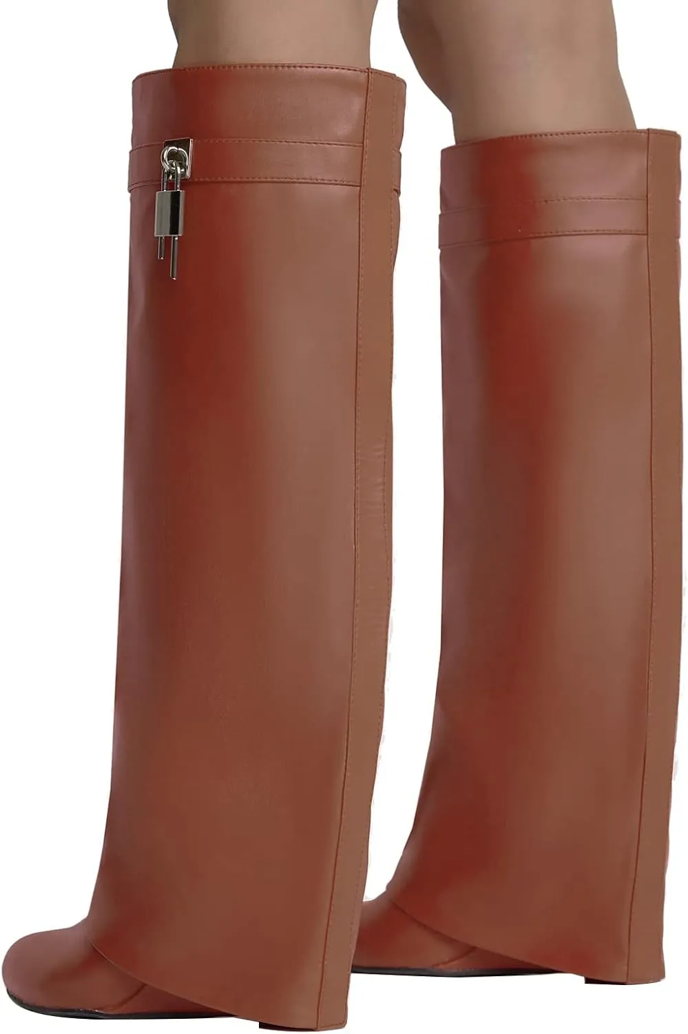 Yishaweiqi Fold Over Boots Wide-calf Wedge Heel Knee High Boot With Decorative Lock