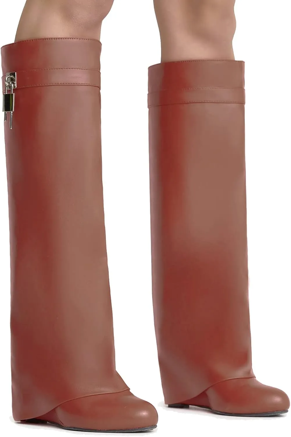 Yishaweiqi Fold Over Boots Wide-calf Wedge Heel Knee High Boot With Decorative Lock