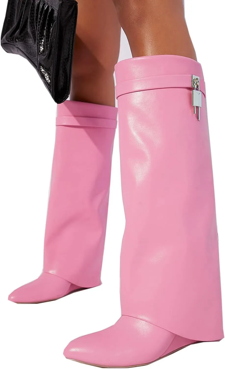 Yishaweiqi Fold Over Boots Wide-calf Wedge Heel Knee High Boot With Decorative Lock