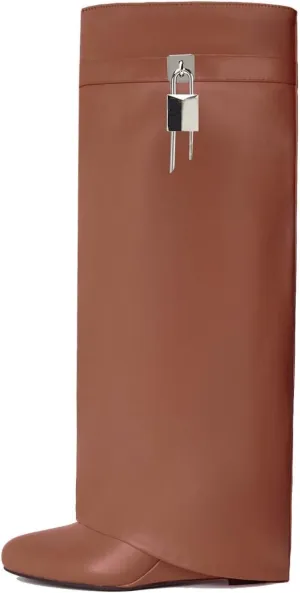 Yishaweiqi Fold Over Boots Wide-calf Wedge Heel Knee High Boot With Decorative Lock