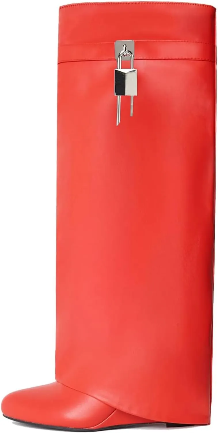 Yishaweiqi Fold Over Boots Wide-calf Wedge Heel Knee High Boot With Decorative Silver Lock Red Size 9.5