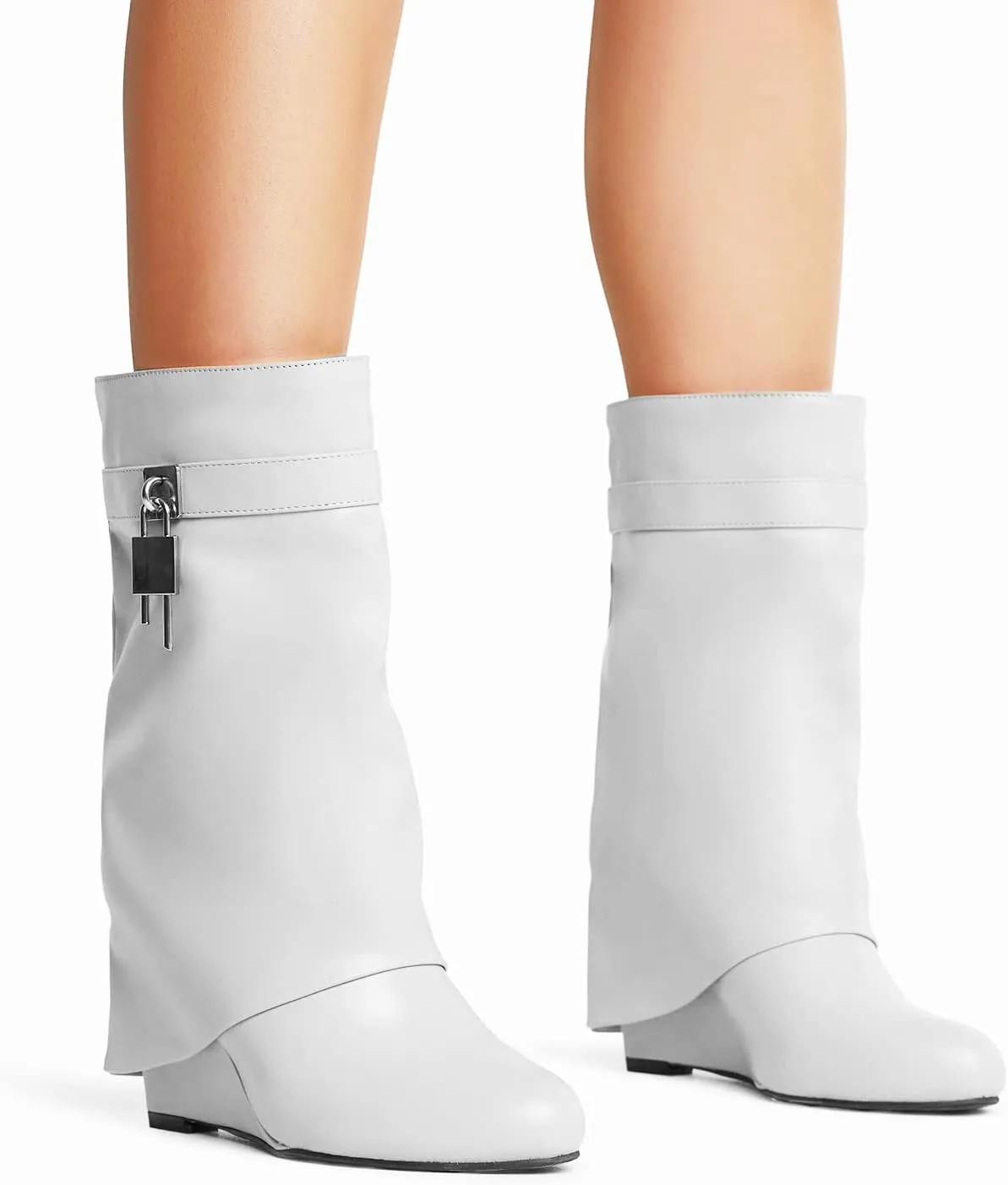 Yishaweiqi Padlock Ankle Boots Fold Over Wedge Heel Booties Wide-calf Short Boot