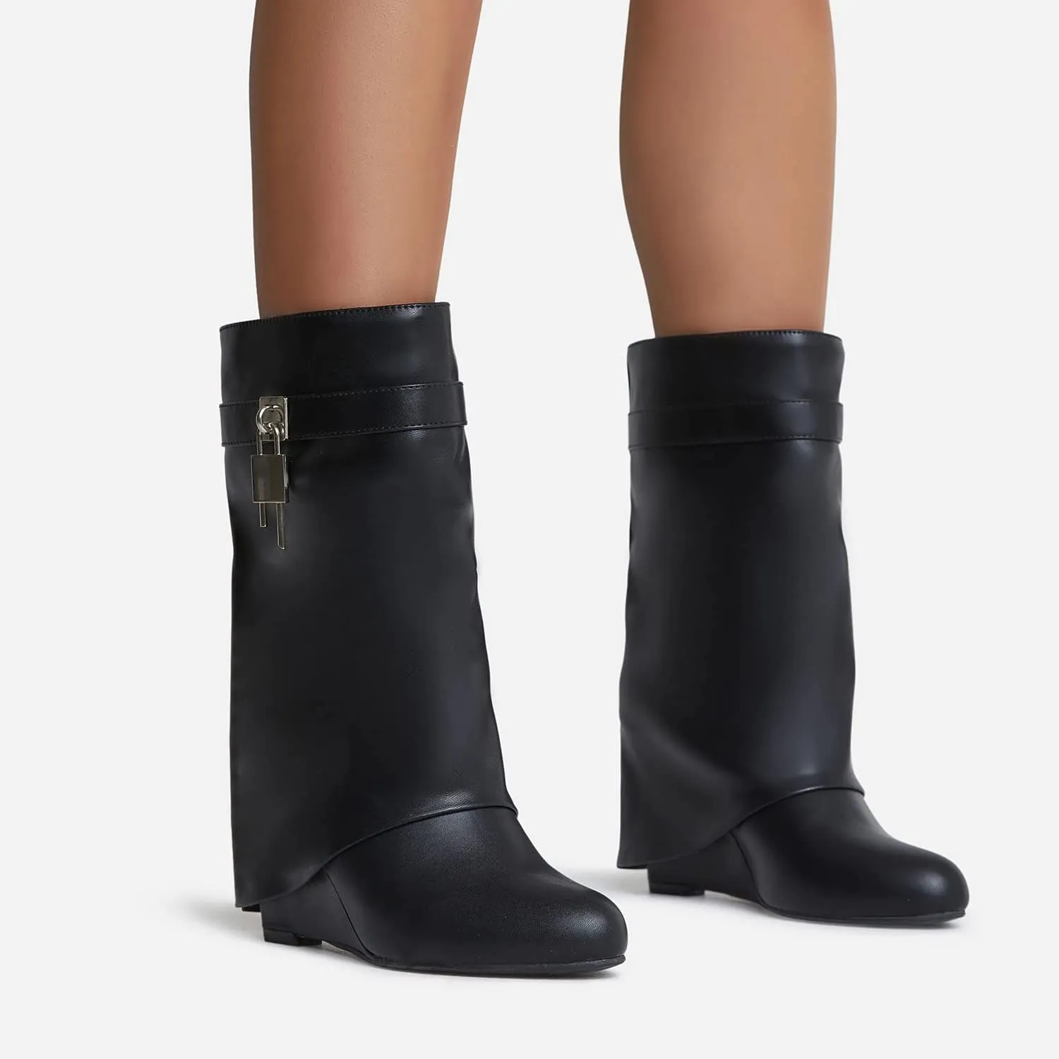 Yishaweiqi Padlock Ankle Boots Fold Over Wedge Heel Booties Wide-calf Short Boot