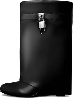 Yishaweiqi Padlock Ankle Boots Fold Over Wedge Heel Booties Wide-calf Short Boot