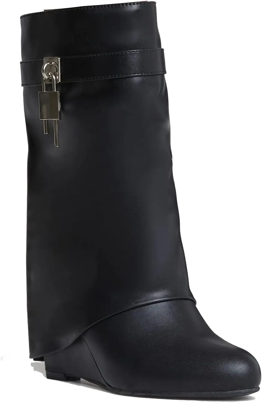 Yishaweiqi Padlock Ankle Boots Fold Over Wedge Heel Booties Wide-calf Short Boot