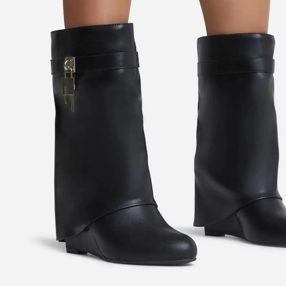 Yishaweiqi Padlock Ankle Boots Fold Over Wedge Heel Booties Wide-calf Short Boot