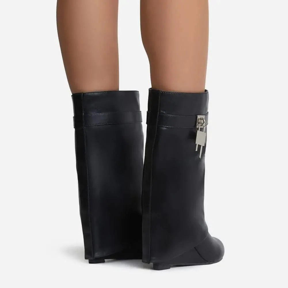 Yishaweiqi Padlock Ankle Boots Fold Over Wedge Heel Booties Wide-calf Short Boot