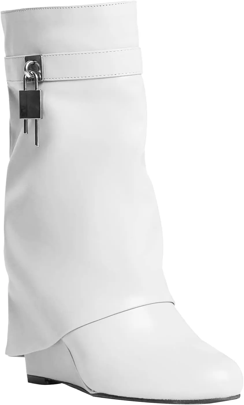 Yishaweiqi Padlock Ankle Boots Fold Over Wedge Heel Booties Wide-calf Short Boot