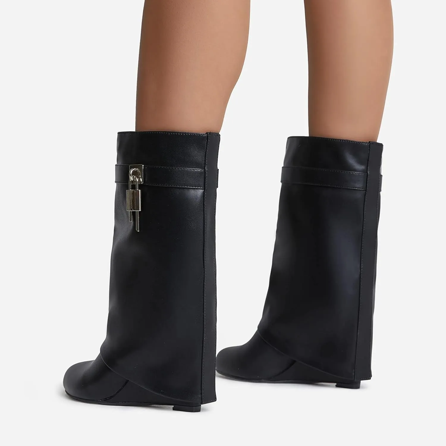 Yishaweiqi Padlock Ankle Boots Fold Over Wedge Heel Booties Wide-calf Short Boot