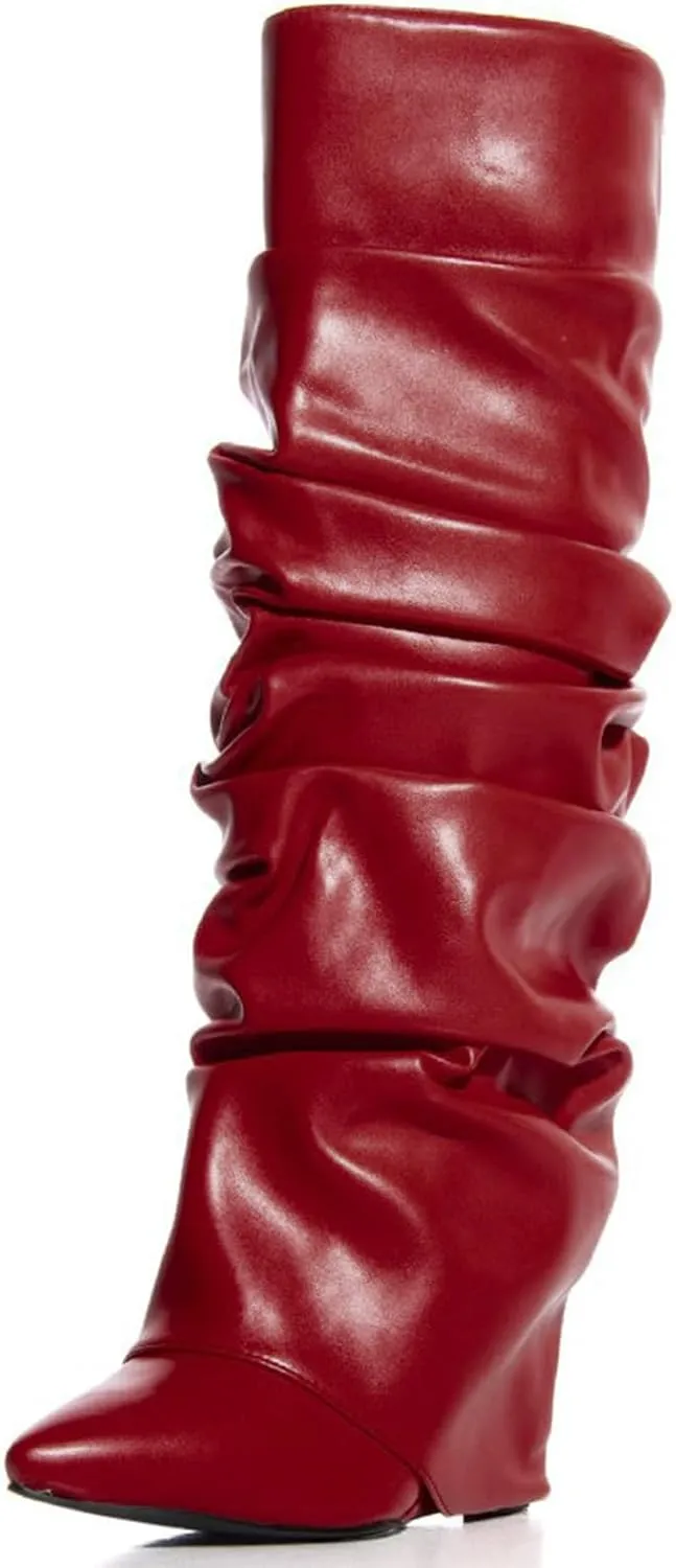 Yishaweiqi Slouched Ruched Fold Over Boots for Women Covered Wedge Heel Patent Leather Knee High Boots Wide Calf Pointed Toe Casual Boots