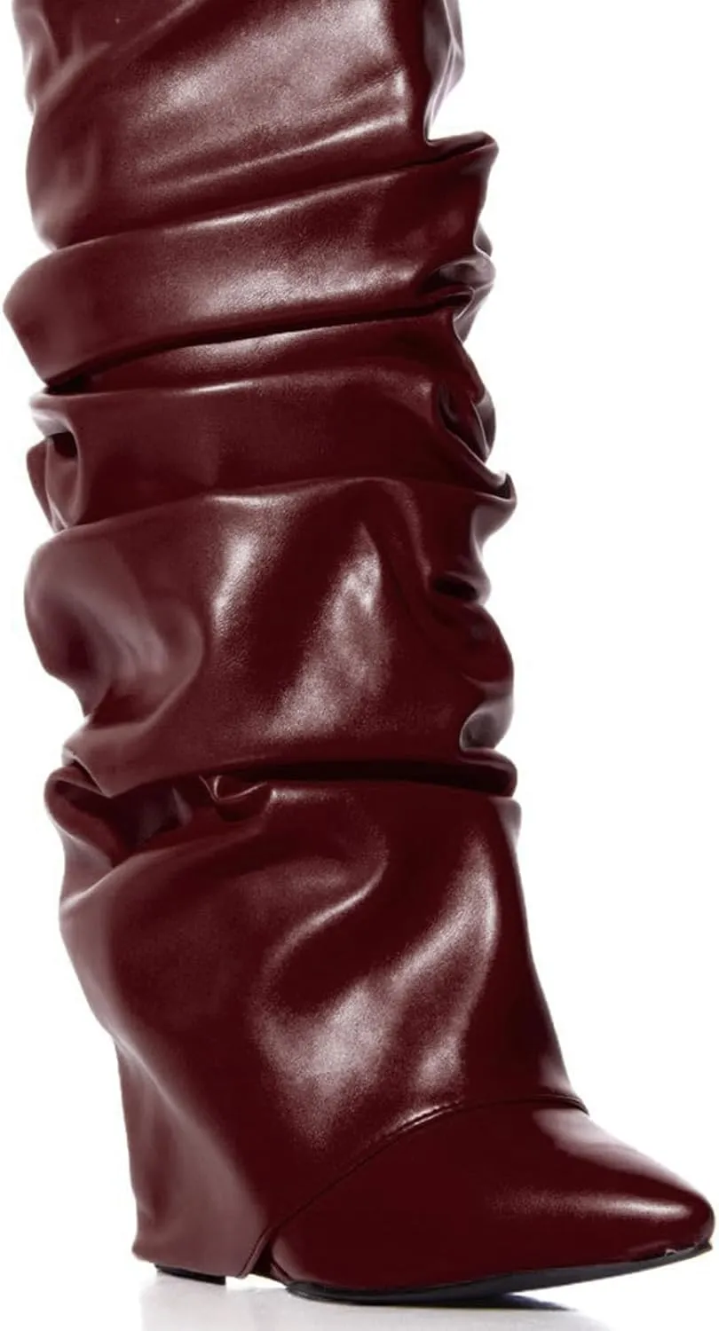 Yishaweiqi Slouched Ruched Fold Over Boots for Women Covered Wedge Heel Patent Leather Knee High Boots Wide Calf Pointed Toe Casual Boots