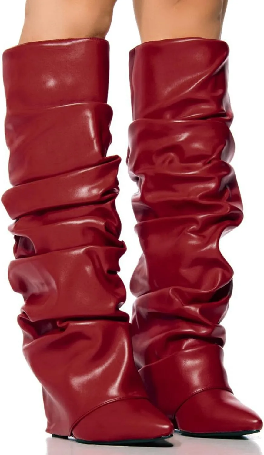 Yishaweiqi Slouched Ruched Fold Over Boots for Women Covered Wedge Heel Patent Leather Knee High Boots Wide Calf Pointed Toe Casual Boots