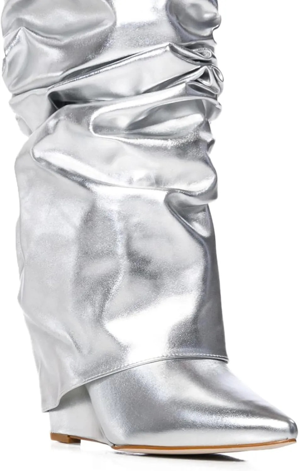 Yishaweiqi Slouched Ruched Fold Over Boots for Women Covered Wedge Heel Patent Leather Knee High Boots Wide Calf Pointed Toe Casual Boots