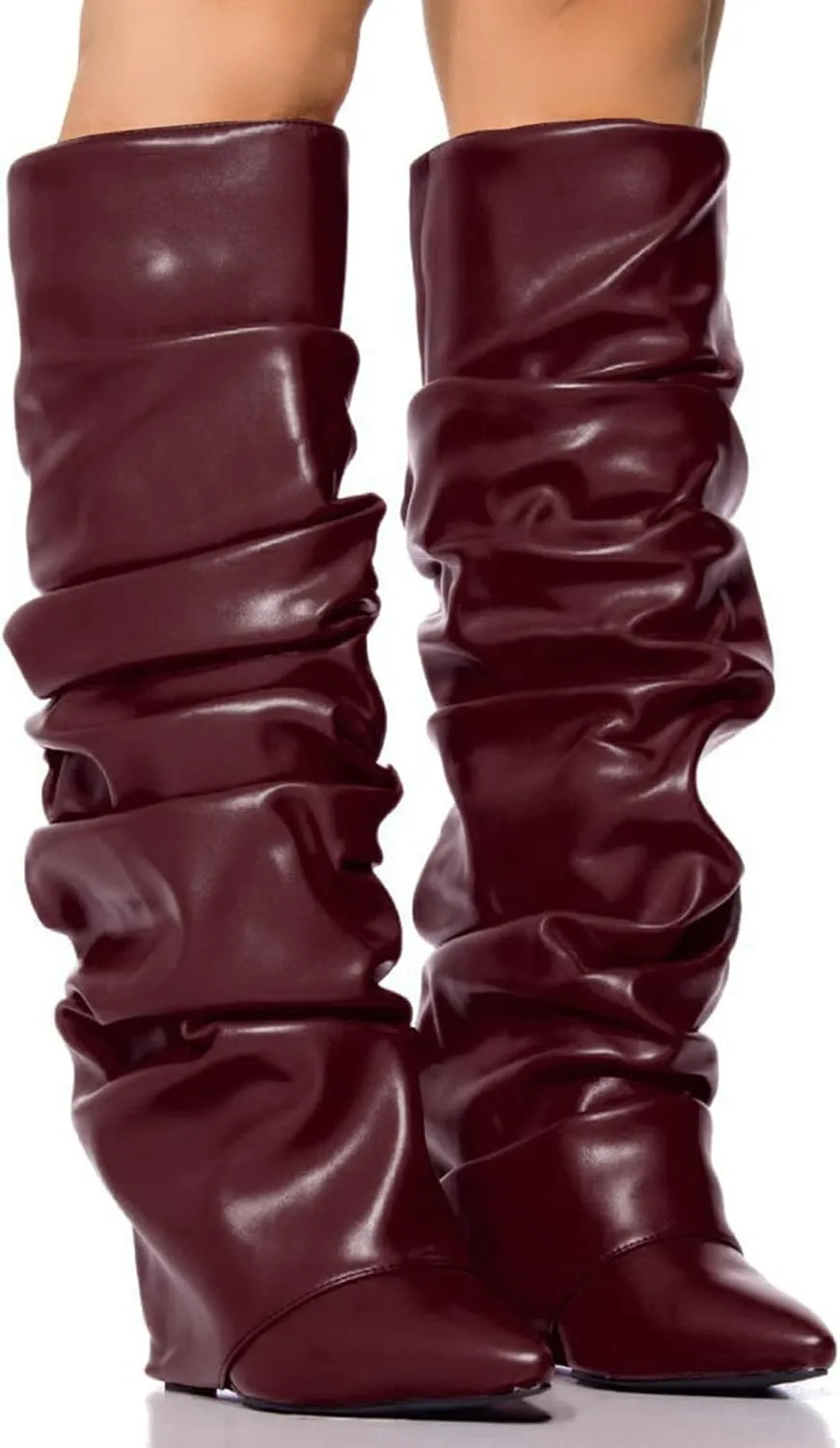 Yishaweiqi Slouched Ruched Fold Over Boots for Women Covered Wedge Heel Patent Leather Knee High Boots Wide Calf Pointed Toe Casual Boots