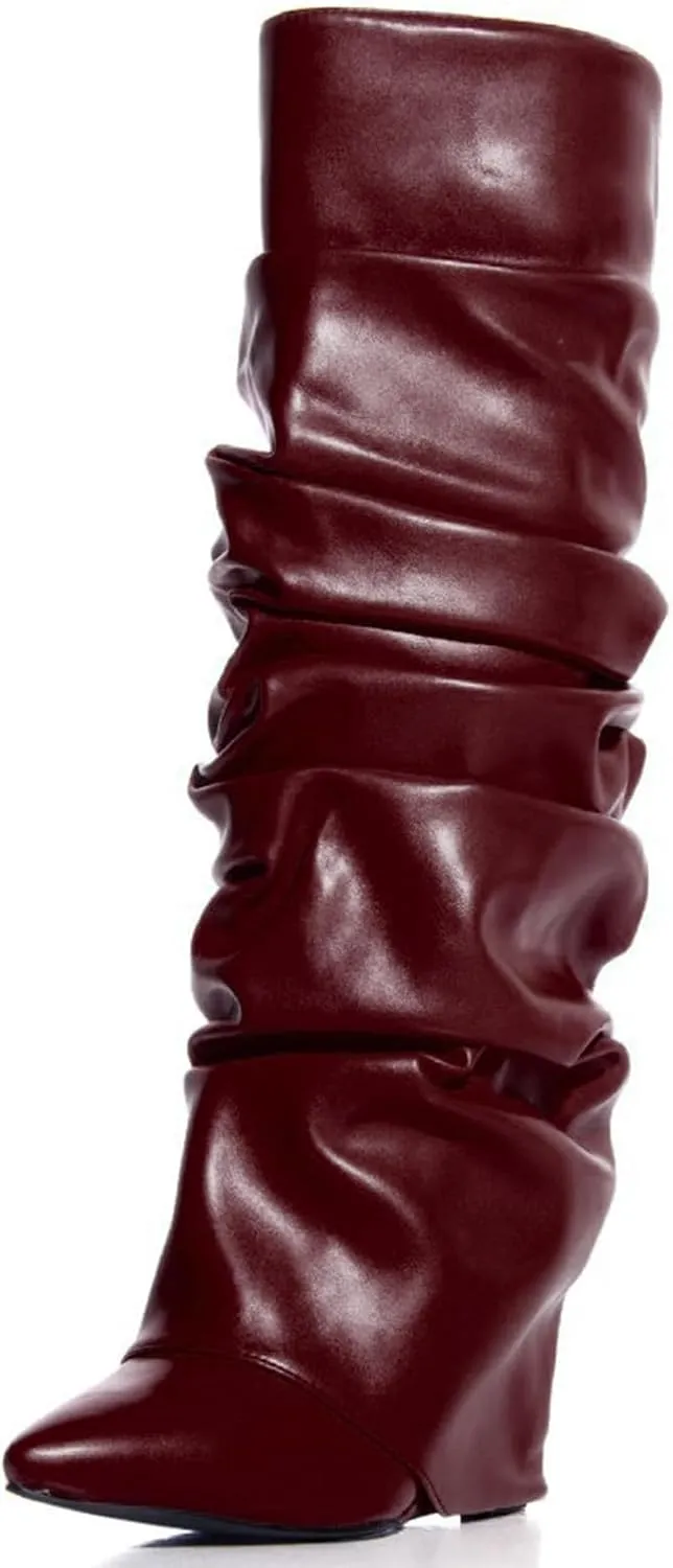 Yishaweiqi Slouched Ruched Fold Over Boots for Women Covered Wedge Heel Patent Leather Knee High Boots Wide Calf Pointed Toe Casual Boots