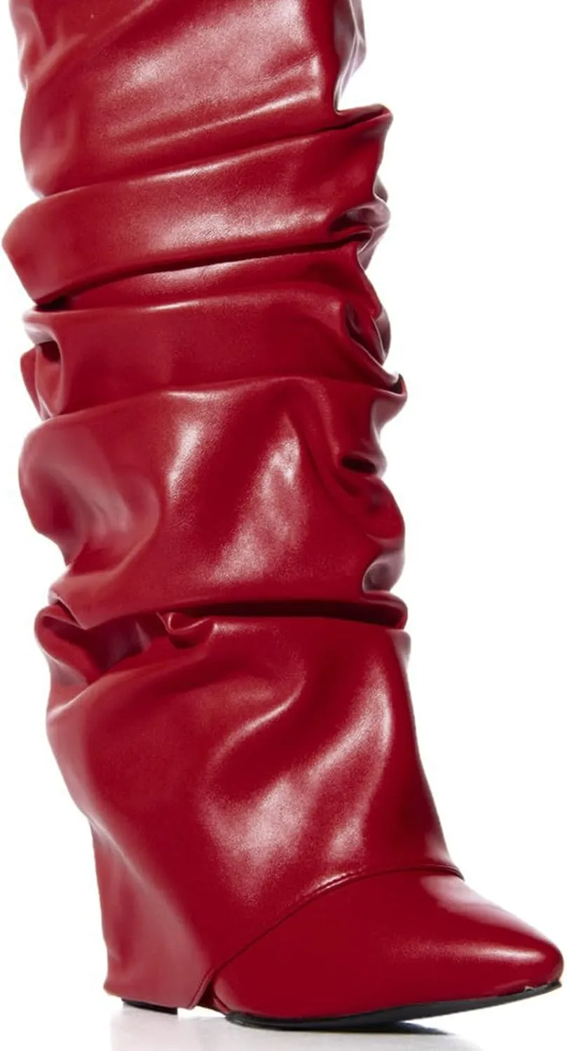 Yishaweiqi Slouched Ruched Fold Over Boots for Women Covered Wedge Heel Patent Leather Knee High Boots Wide Calf Pointed Toe Casual Boots