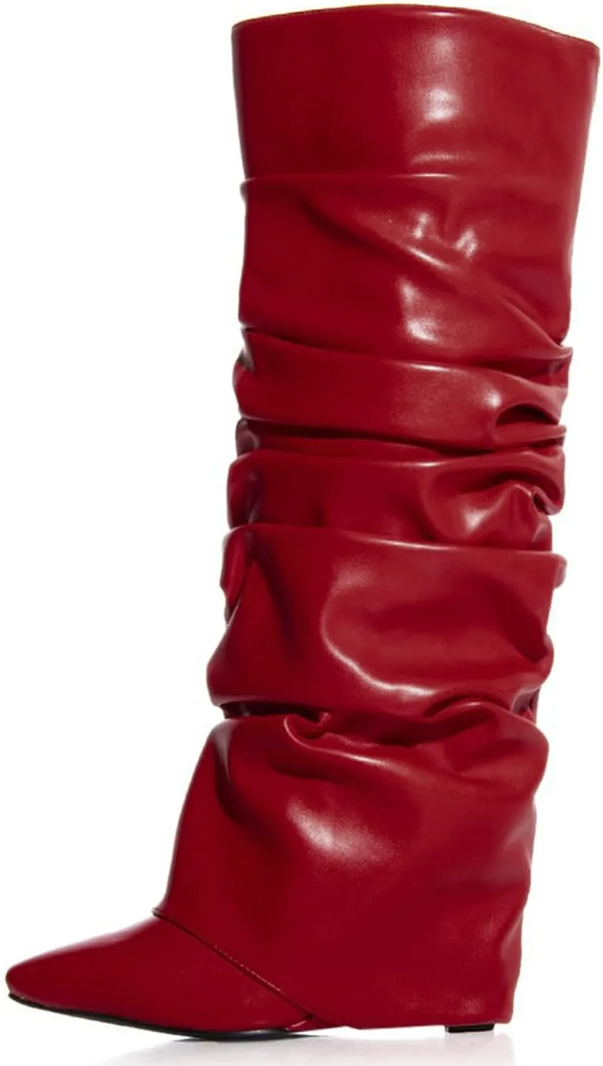 Yishaweiqi Slouched Ruched Fold Over Boots for Women Covered Wedge Heel Patent Leather Knee High Boots Wide Calf Pointed Toe Casual Boots