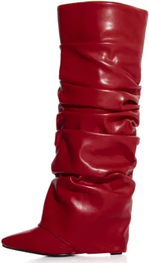Yishaweiqi Slouched Ruched Fold Over Boots for Women Covered Wedge Heel Patent Leather Knee High Boots Wide Calf Pointed Toe Casual Boots