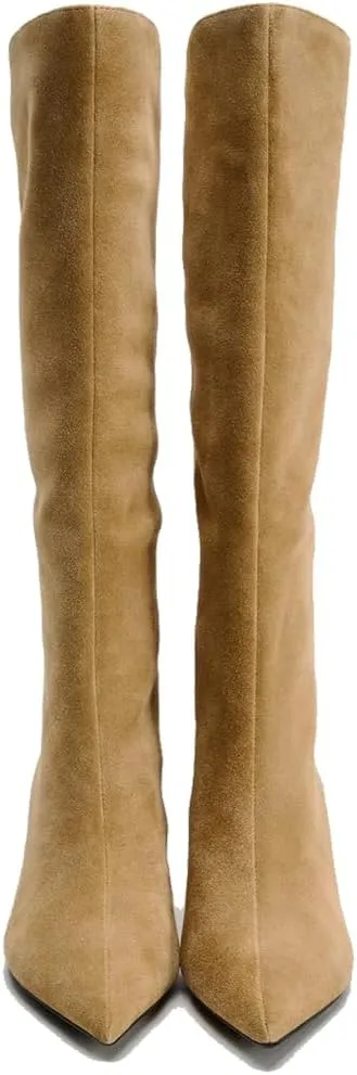 YIYA Women's Camel Suede Wide Calf Knee High Boots for Fall Pointed Toe Stiletto Kitten High Heels Stylish Party Dress Long Pull On Boots