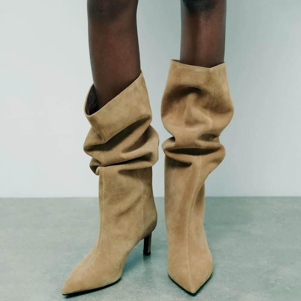YIYA Women's Camel Suede Wide Calf Knee High Boots for Fall Pointed Toe Stiletto Kitten High Heels Stylish Party Dress Long Pull On Boots