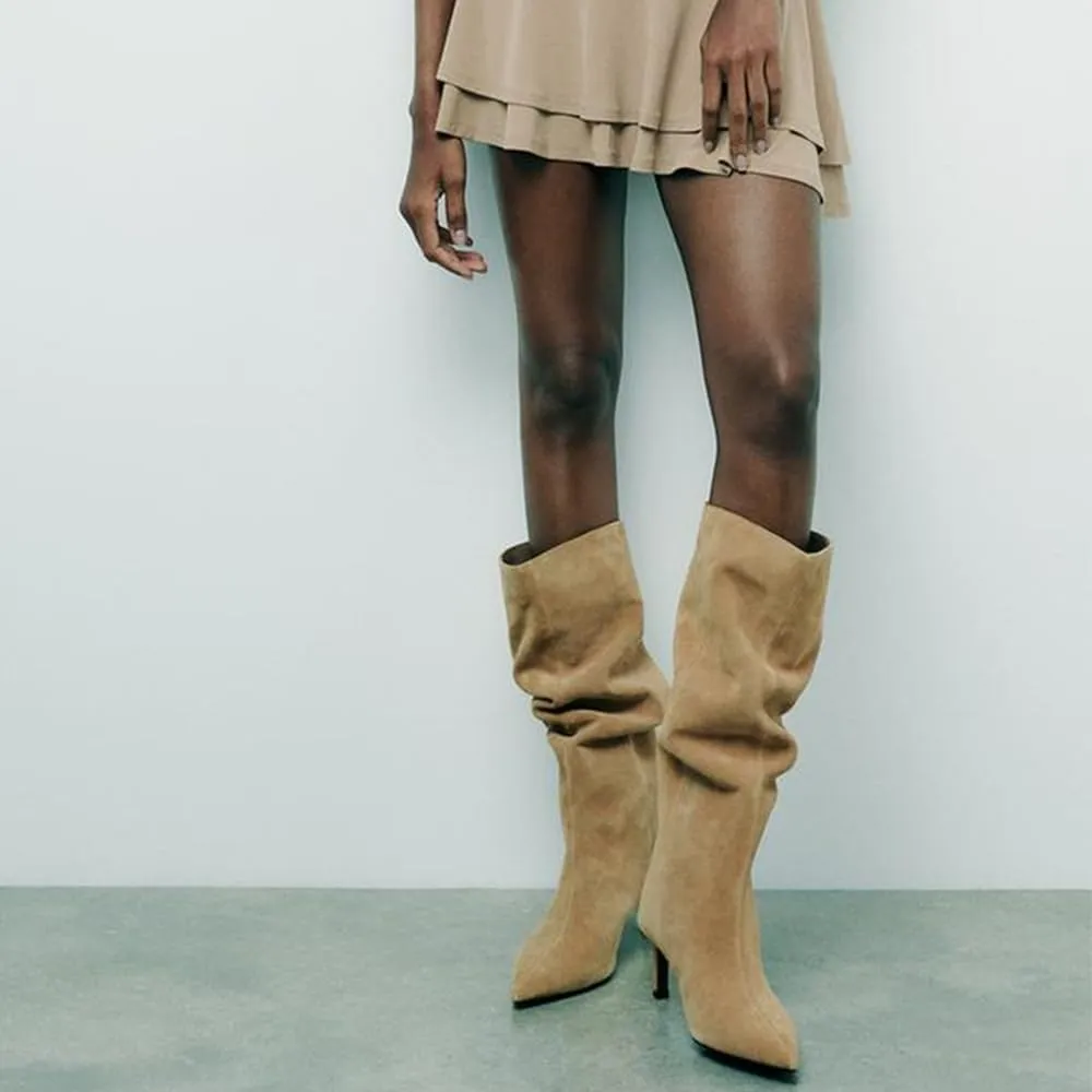 YIYA Women's Camel Suede Wide Calf Knee High Boots for Fall Pointed Toe Stiletto Kitten High Heels Stylish Party Dress Long Pull On Boots